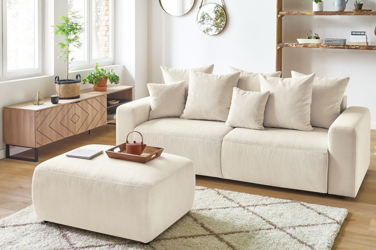 Canapé droit convertible coffre ENVY velours côtelé avec pouf