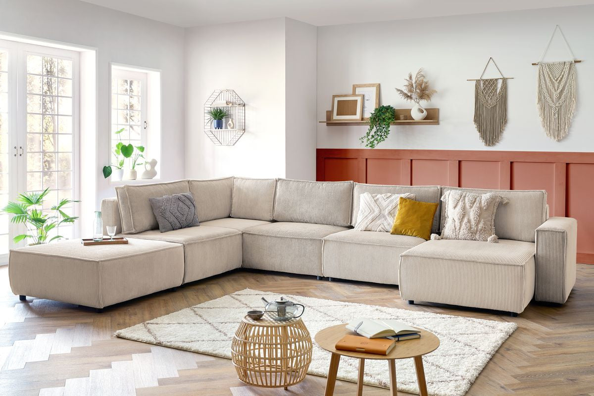 Canapé d'angle fixe modulable XL NIHAD tissu velours côtelé avec pouf