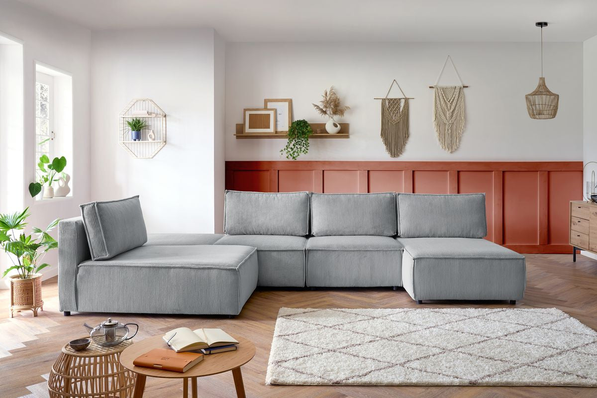 Canapé d'angle fixe 100% modulable NIHAD tissu velours côtelé 2 chauffeuses, 1 pouf et 2 méridiennes