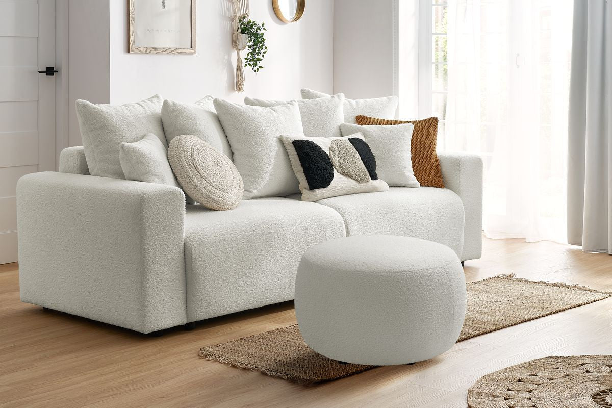 Canapé droit convertible coffre ENVY tissu bouclette doux avec pouf rond