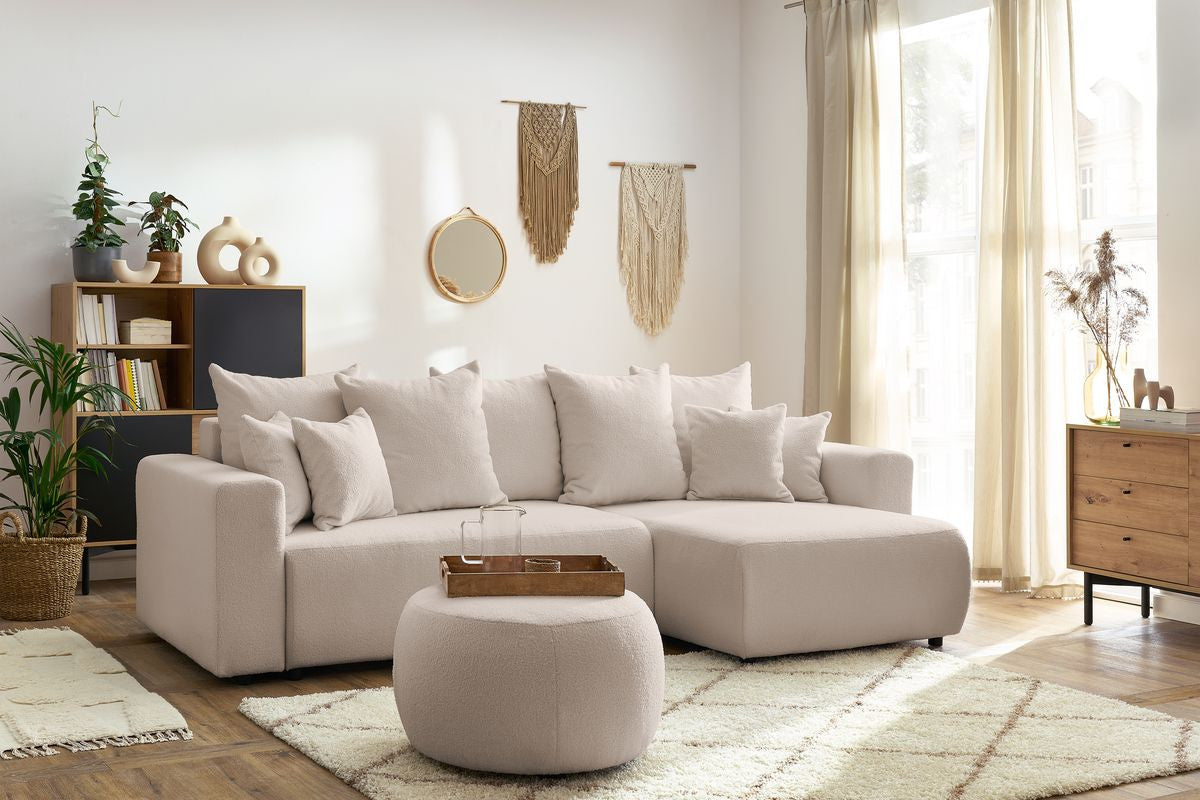 Canapé d'angle réversible convertible coffre ENVY tissu bouclette doux avec pouf rond