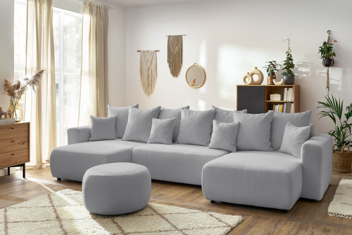Canapé panoramique convertible coffre ENVY tissu bouclette avec pouf rond