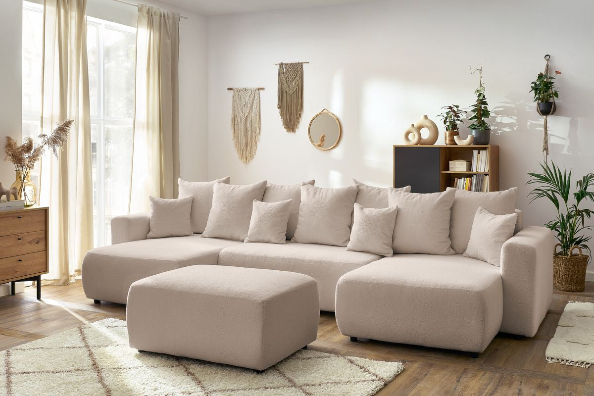 Canapé panoramique convertible coffre ENVY tissu bouclette avec pouf rectangulaire