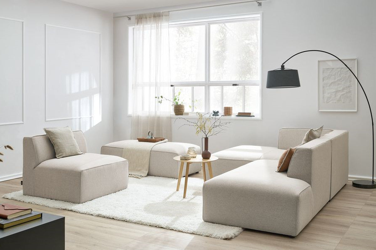 Canapé d'angle fixe modulable MEGEVE tissu chiné avec 1 chauffeuse et 1 pouf