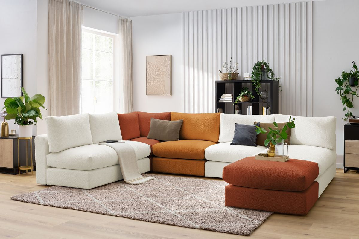 Canapé d'angle fixe 100% modulable PARIS tissu bouclette 3 chauffeuses, 1 méridienne, 1 angle, 1 pouf