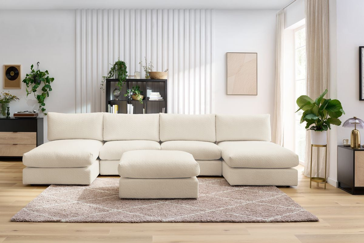 Canapé panoramique fixe 100% modulable PARIS tissu bouclette avec 2 chauffeuses, 2 méridiennes, 1 pouf