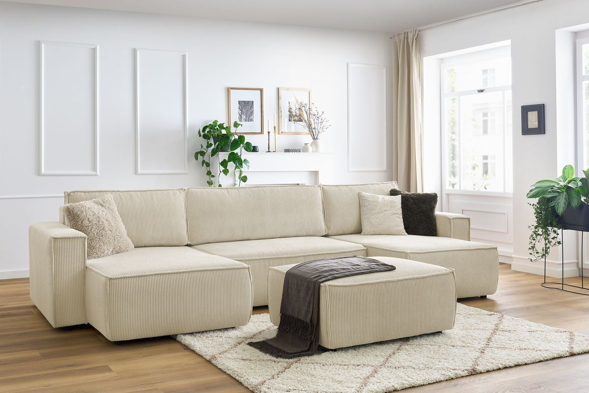 Canapé panoramique convertible coffre NIHAD velours côtelé avec pouf