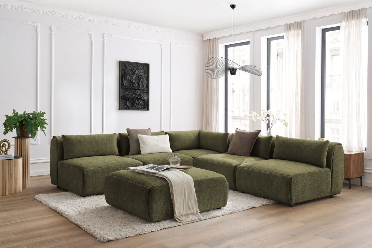 JEANNE modulaire vaste hoekbank in structuurstof met 4 fauteuils, 1 hoek en 1 poef