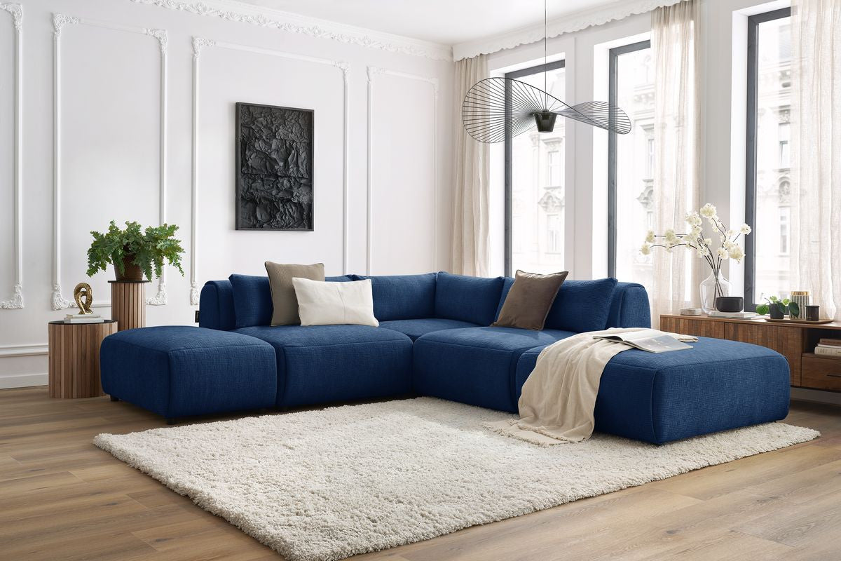 JEANNE modulaire vaste hoekbank in structuurstof met 2 fauteuils, 1 hoekbank en 2 poefs