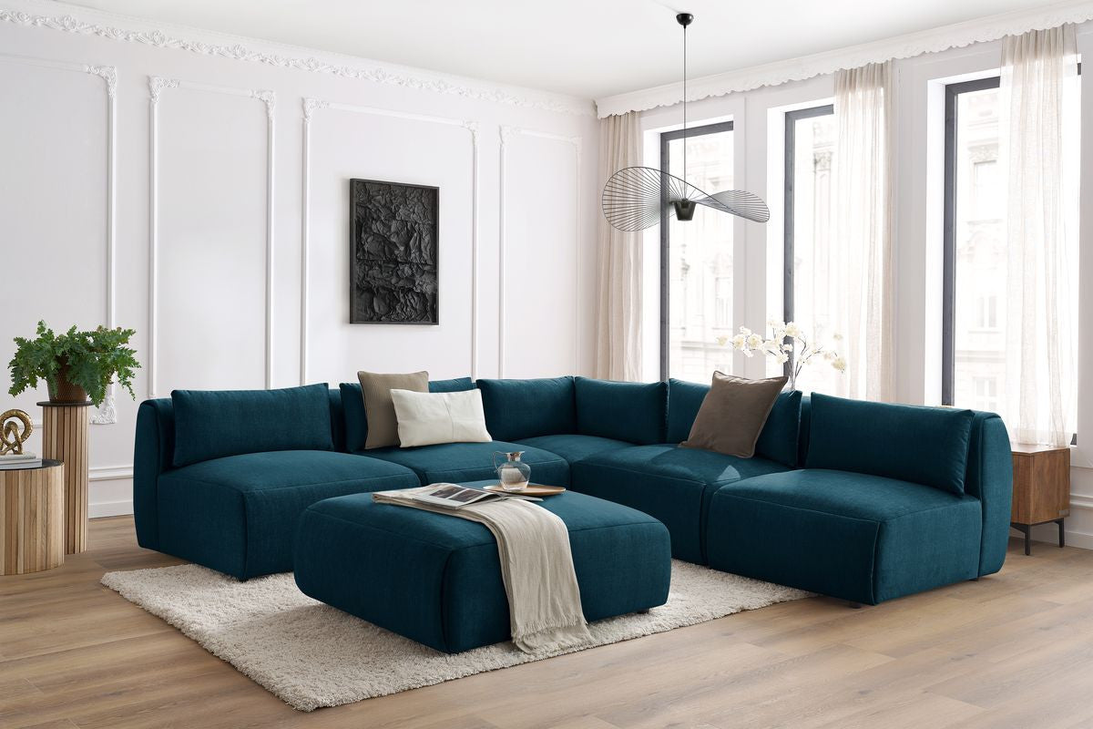 Canapé d'angle fixe modulable JEANNE tissu velours avec 4 chauffeuses, 1 angle et 1 pouf