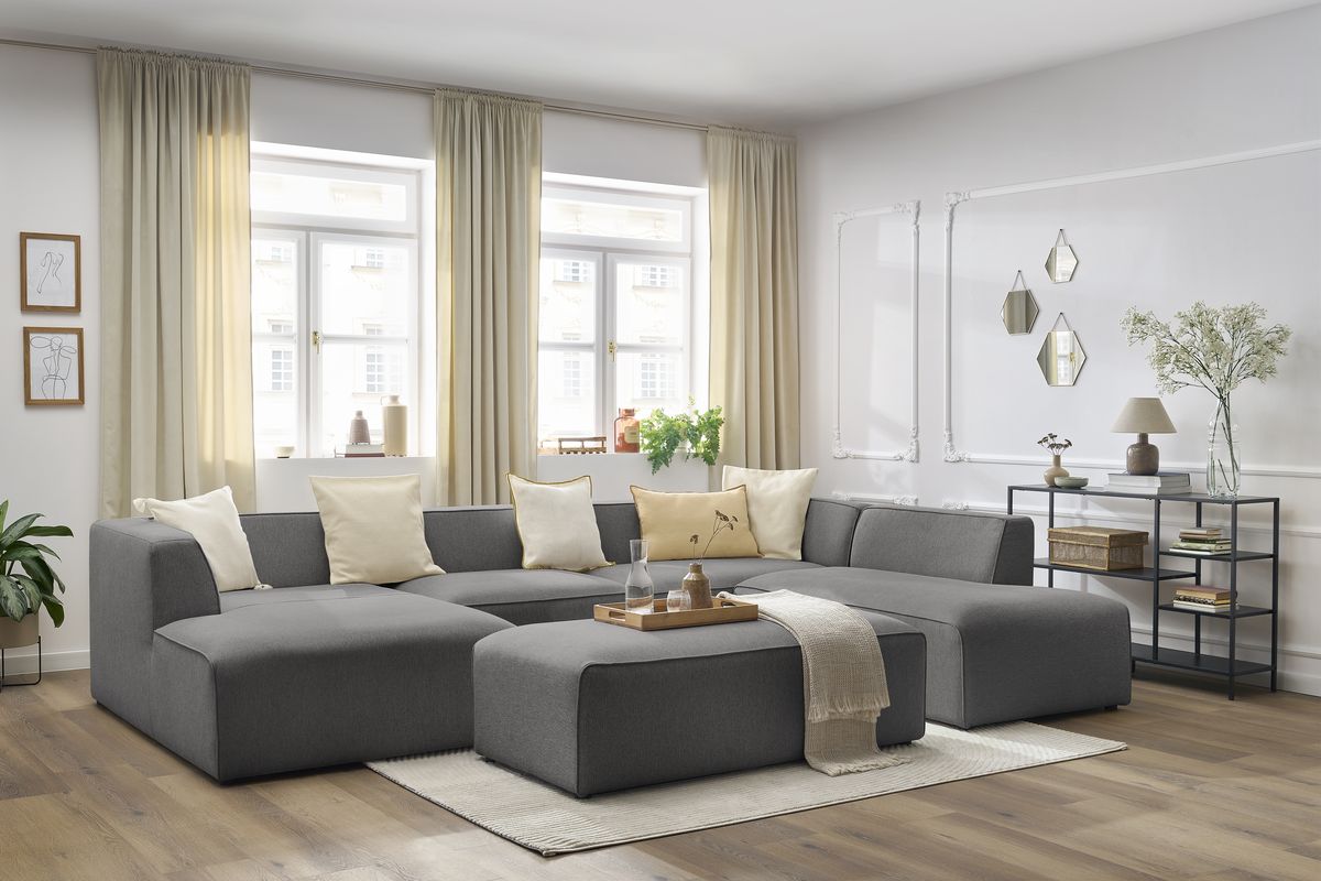 Canapé panoramique fixe MEGEVE avec pouf tissu chiné