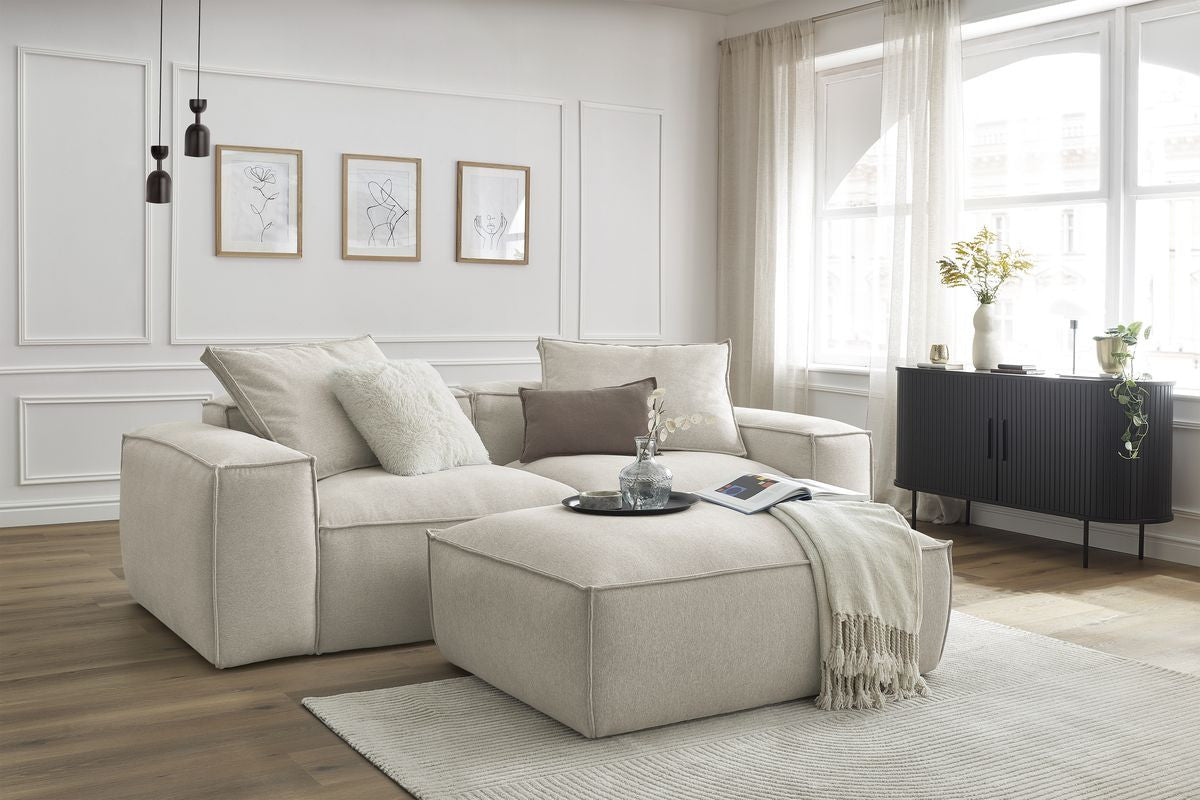 Canapé droit fixe 3 places ultra moelleux BOHEME tissu chiné avec pouf
