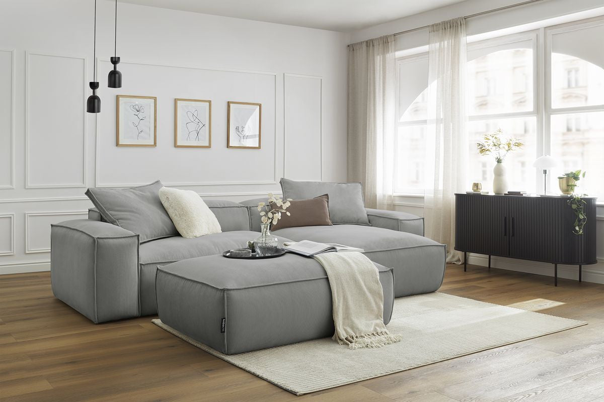 Canapé d'angle réversible ultra moelleux BOHEME velours côtelé avec pouf