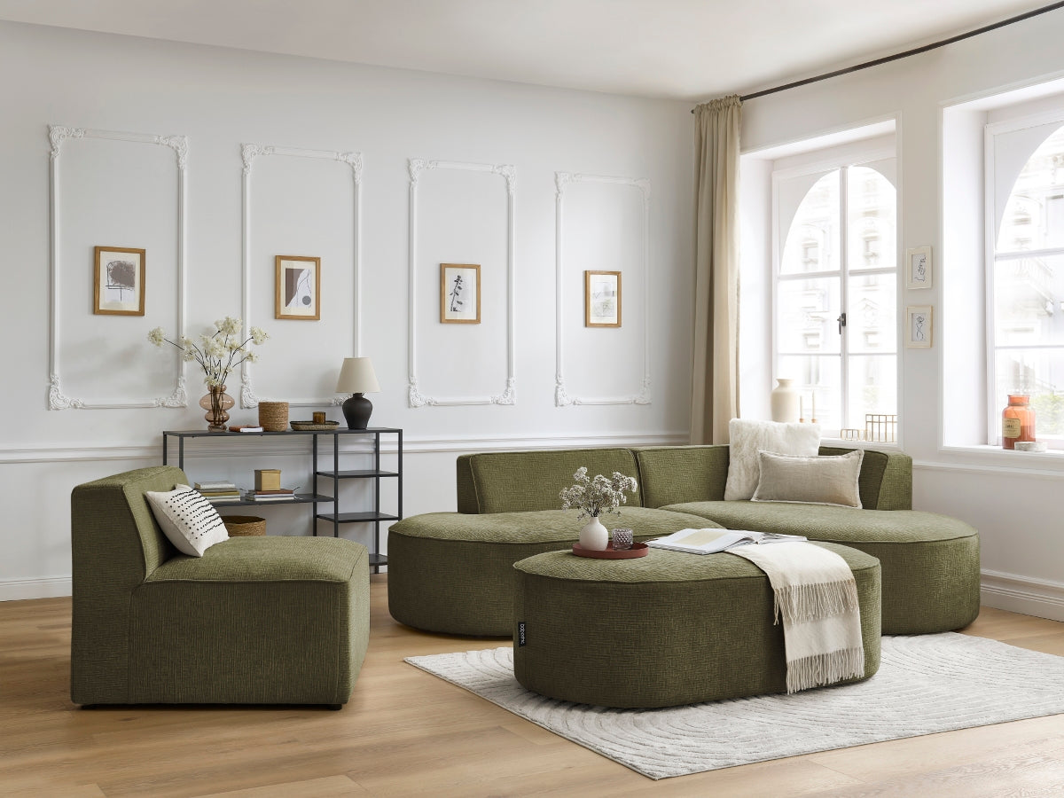 ROUSSEAU vaste modulaire hoekbank in structuurstof met 1 fauteuil en 1 poef