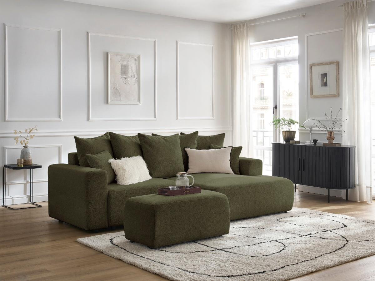 Canapé d'angle convertible coffre ATILLA tissu chiné avec pouf