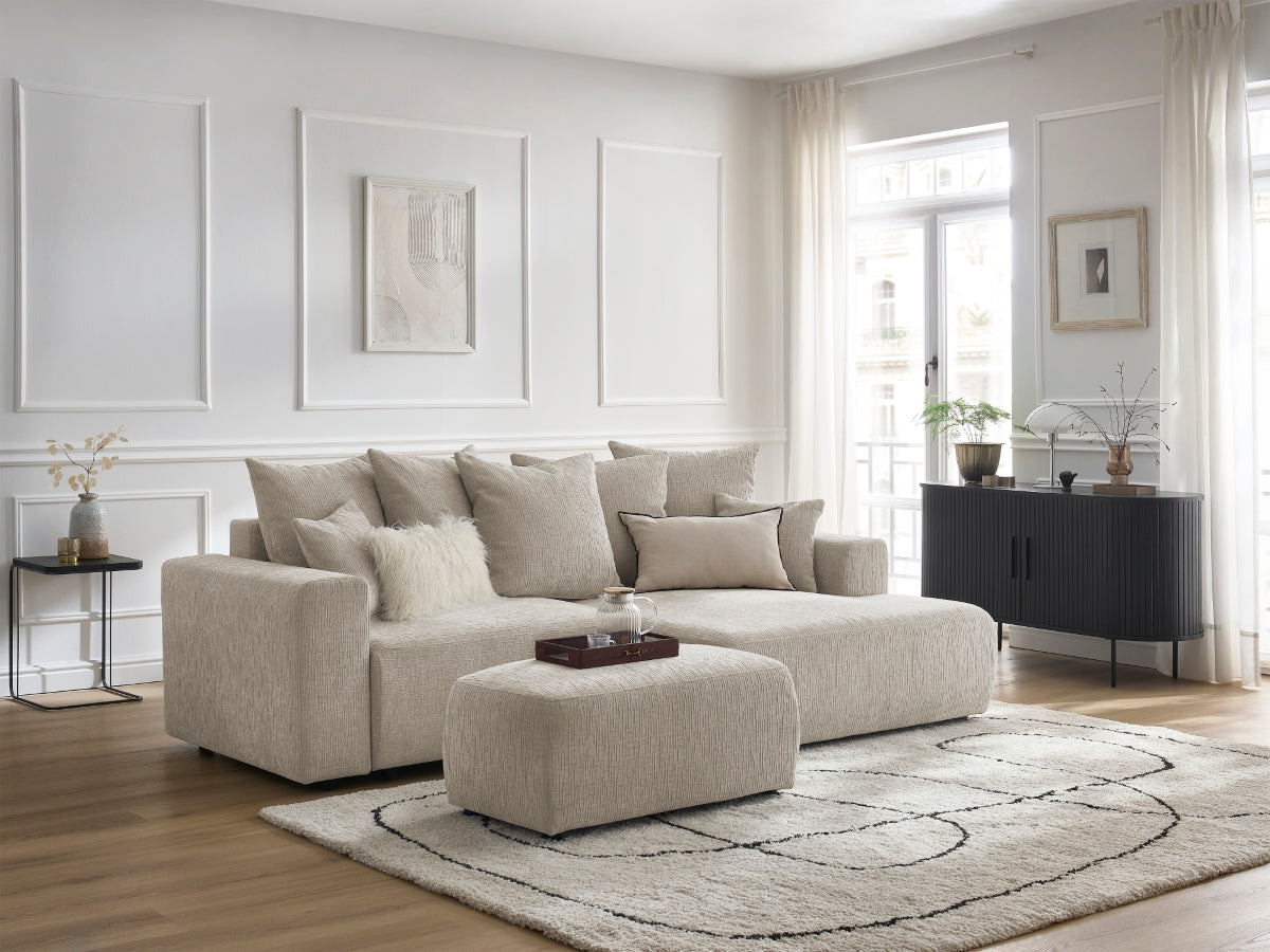 Canapé d'angle convertible coffre ATILLA tissu texturé avec pouf