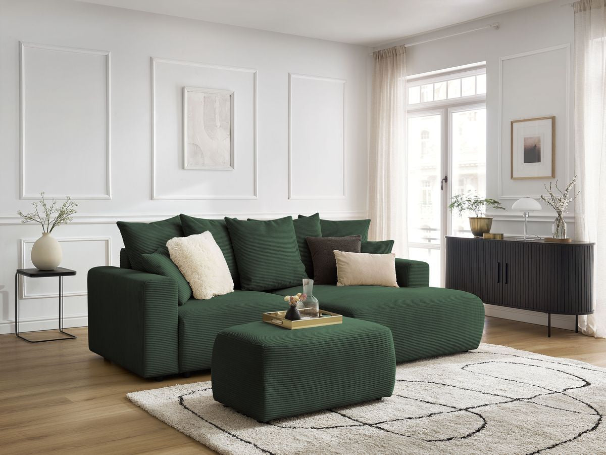 Canapé d'angle convertible coffre ATILLA velours côtelé avec pouf