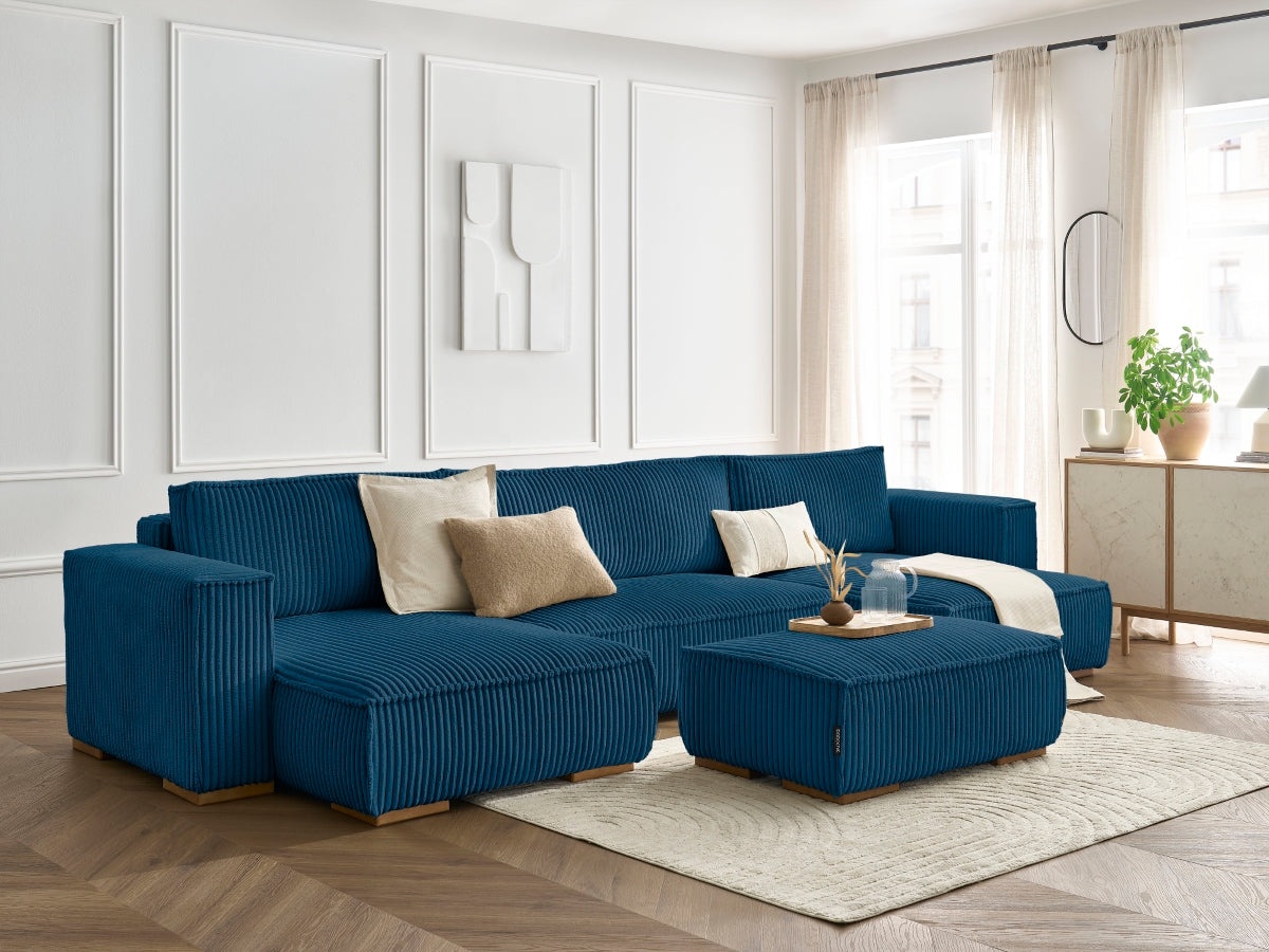 Canapé panoramique convertible coffre CHELSEA gros côtelé doux avec pouf