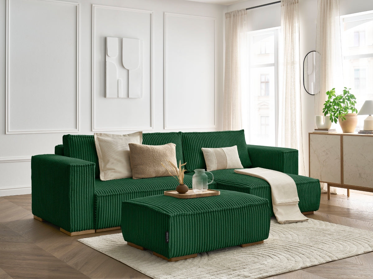 Canapé d'angle convertible réversible coffre CHELSEA gros côtelé doux avec pouf