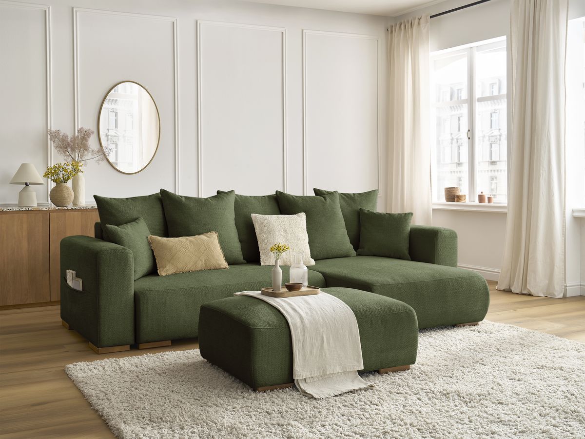 Canapé d'angle convertible réversible coffre SIDONIE tissu chiné avec pouf