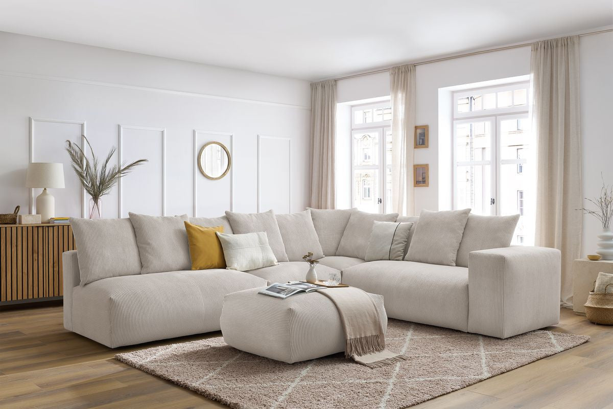 Canapé d'angle fixe modulable VOLTAIRE avec 2 chauffeuses 2 places, 1 angle, 1 chauffeuse 1 place et 1 pouf