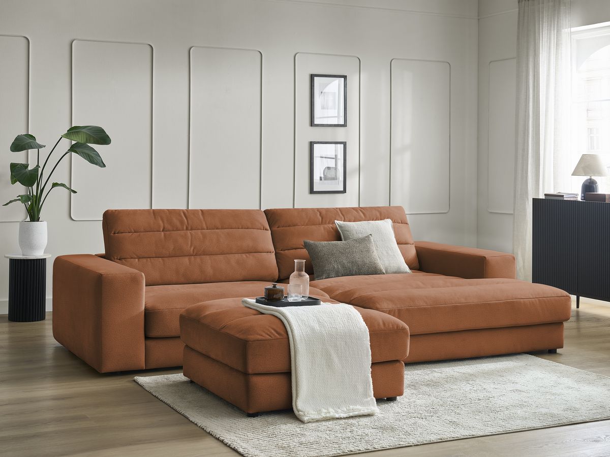 Canapé d'angle fixe SIERRA velours avec pouf
