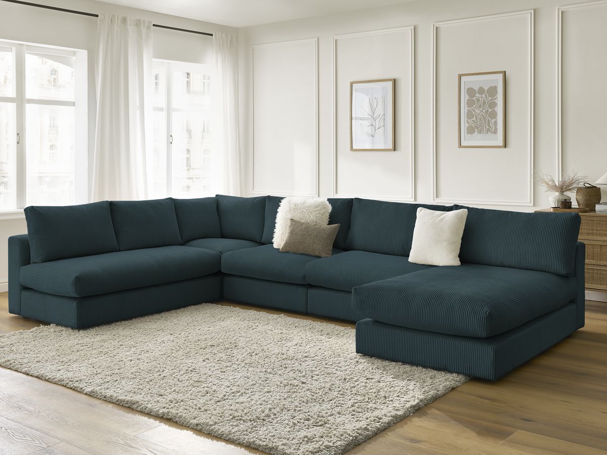 PARIS modulaire corduroy hoekbank met 3 fauteuils, 1 chaise longue en 1 hoek