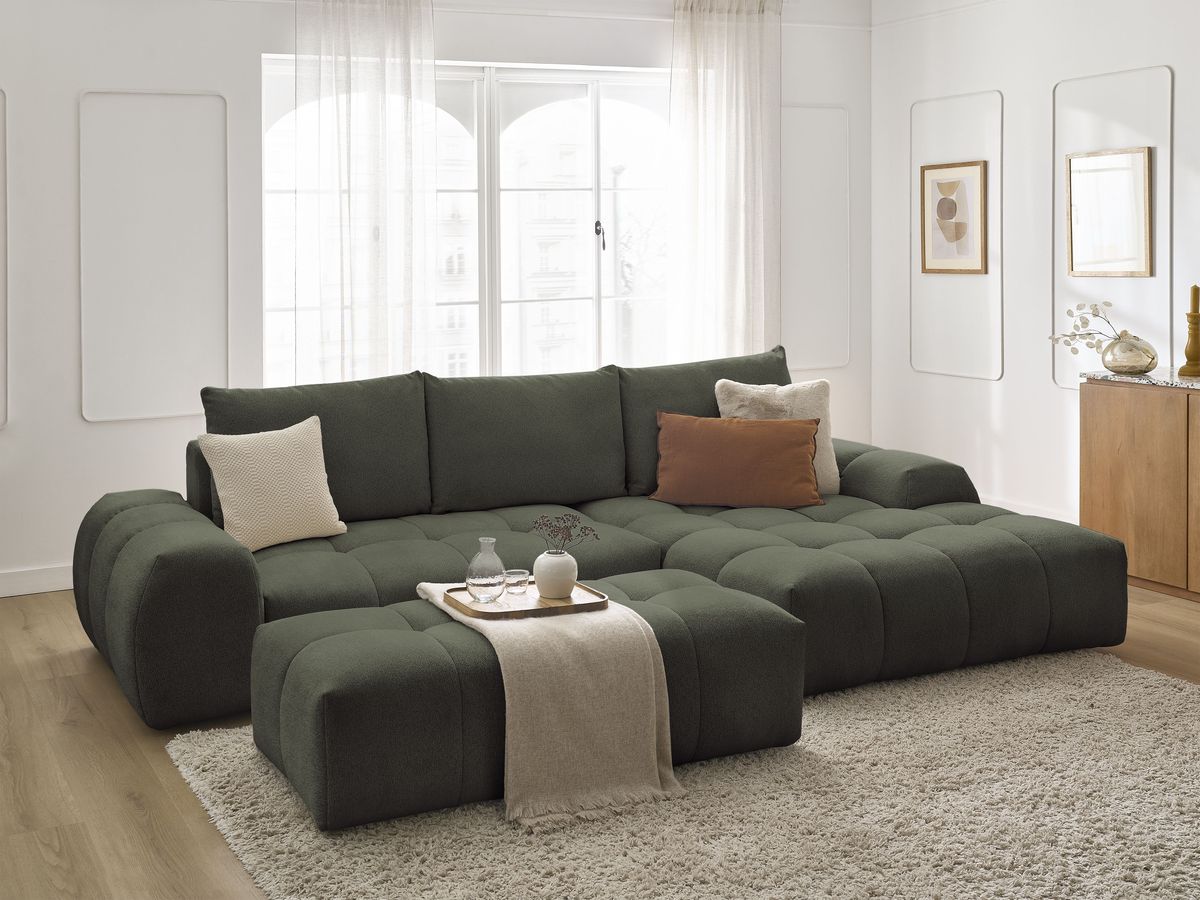 Canapé d'angle convertible coffre EVEREST tissu chiné avec pouf