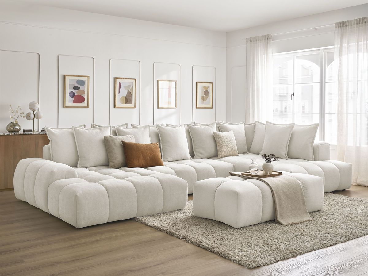 Canapé panoramique convertible coffre EVEREST tissu texturé avec pouf
