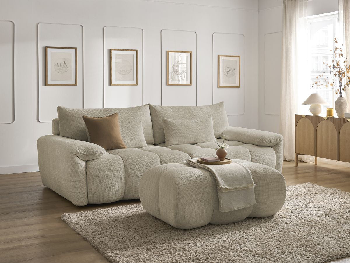 Canapé droit fixe 3 places IVANE avec dossier avance recule en tissu texturé et son pouf