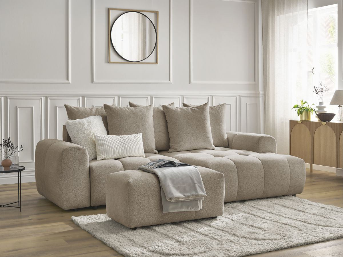 Canapé d'angle convertible coffre ROXELANE tissu chiné avec pouf