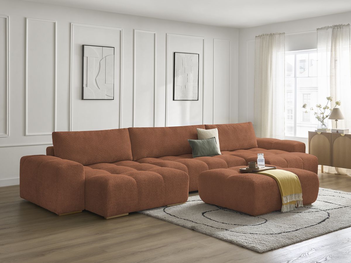 Canapé panoramique convertible coffre ANAKIN tissu bouclette avec pouf