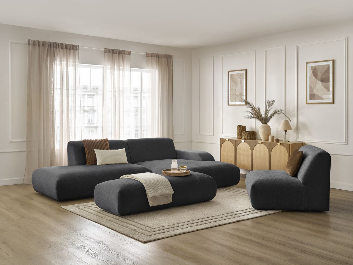 SIRIUS vaste modulaire hoekbank in structuurstof met 1 fauteuil en grote poef