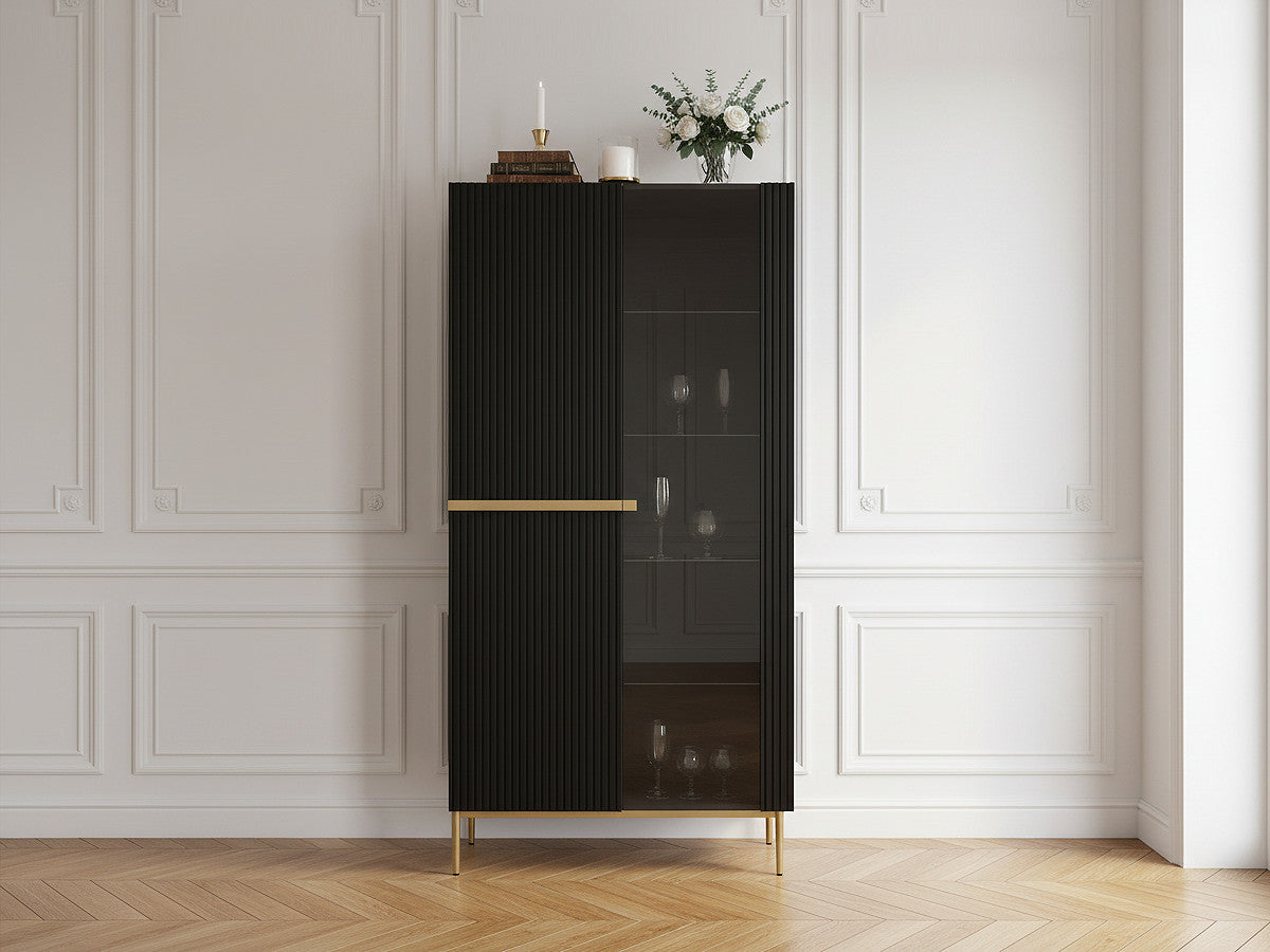 Meuble vitrine H200 cm 2 portes KASHA pieds or