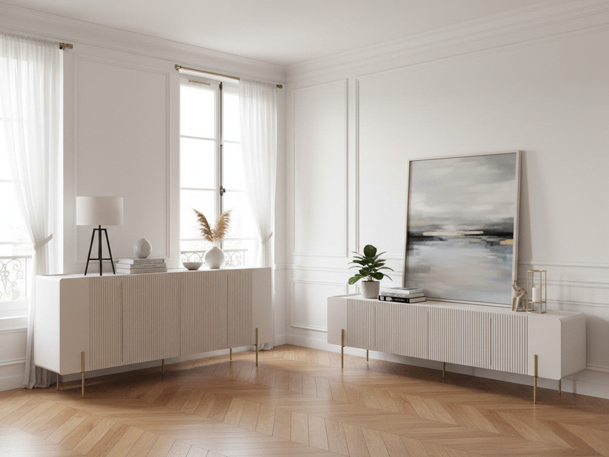 MATHILDE set met 200 cm dressoir + 200 cm tv-meubel met marmerlook blad en gouden poten