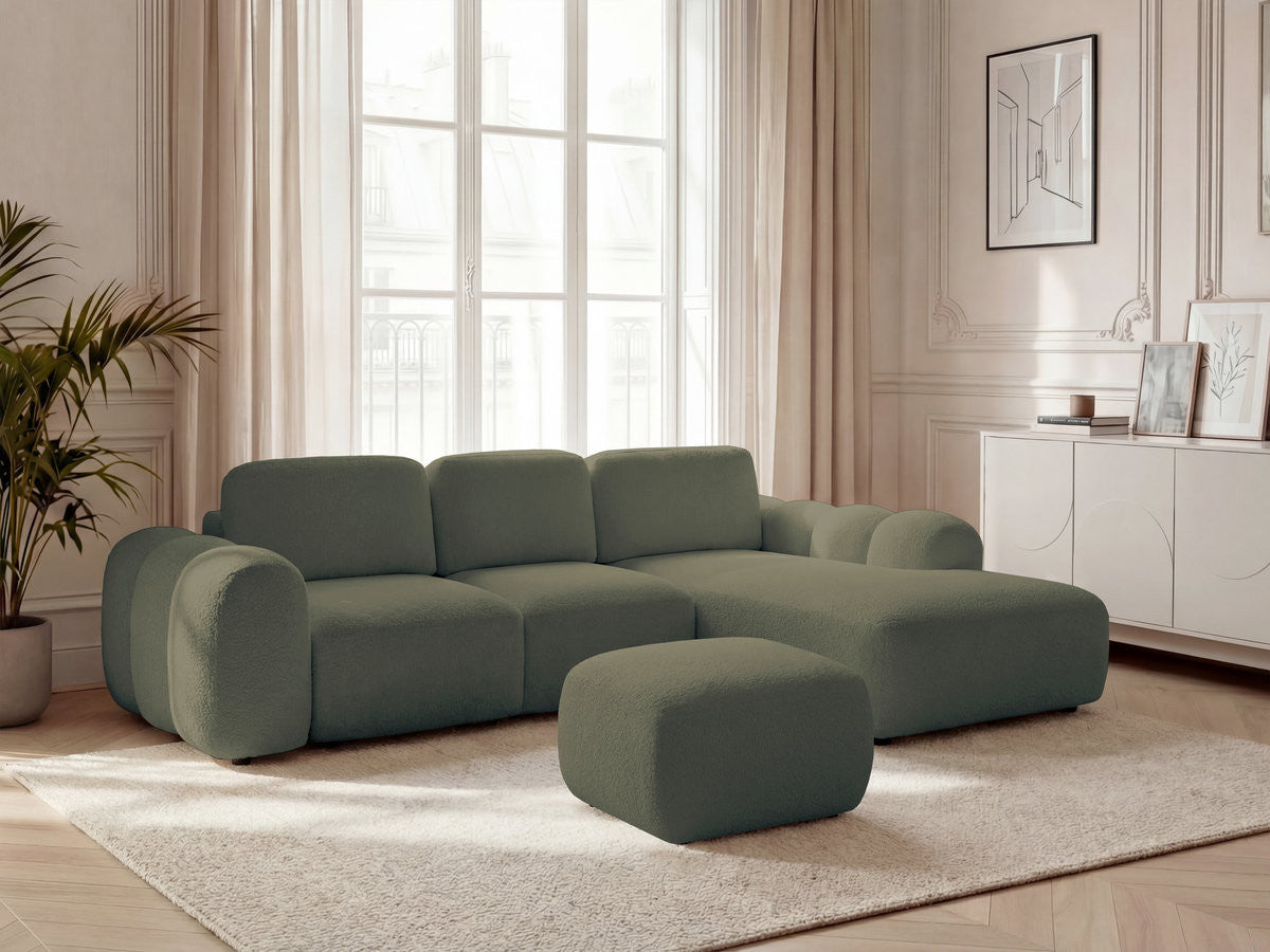 Canapé d'angle convertible coffre grande méridienne MONTAIGNE tissu bouclette avec pouf