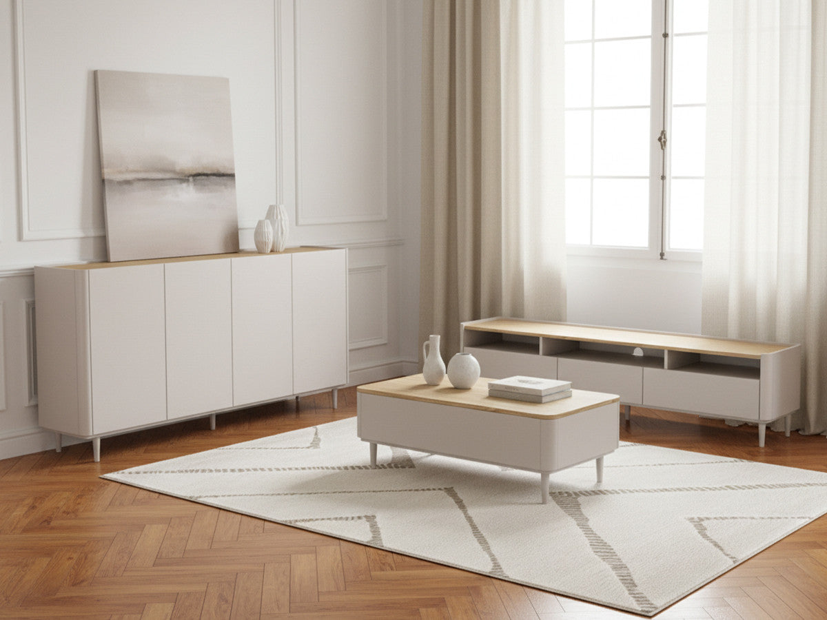 ANYRA set met dressoir 200 cm + TV-meubel 200 cm + salontafel met lades en massief houten poten