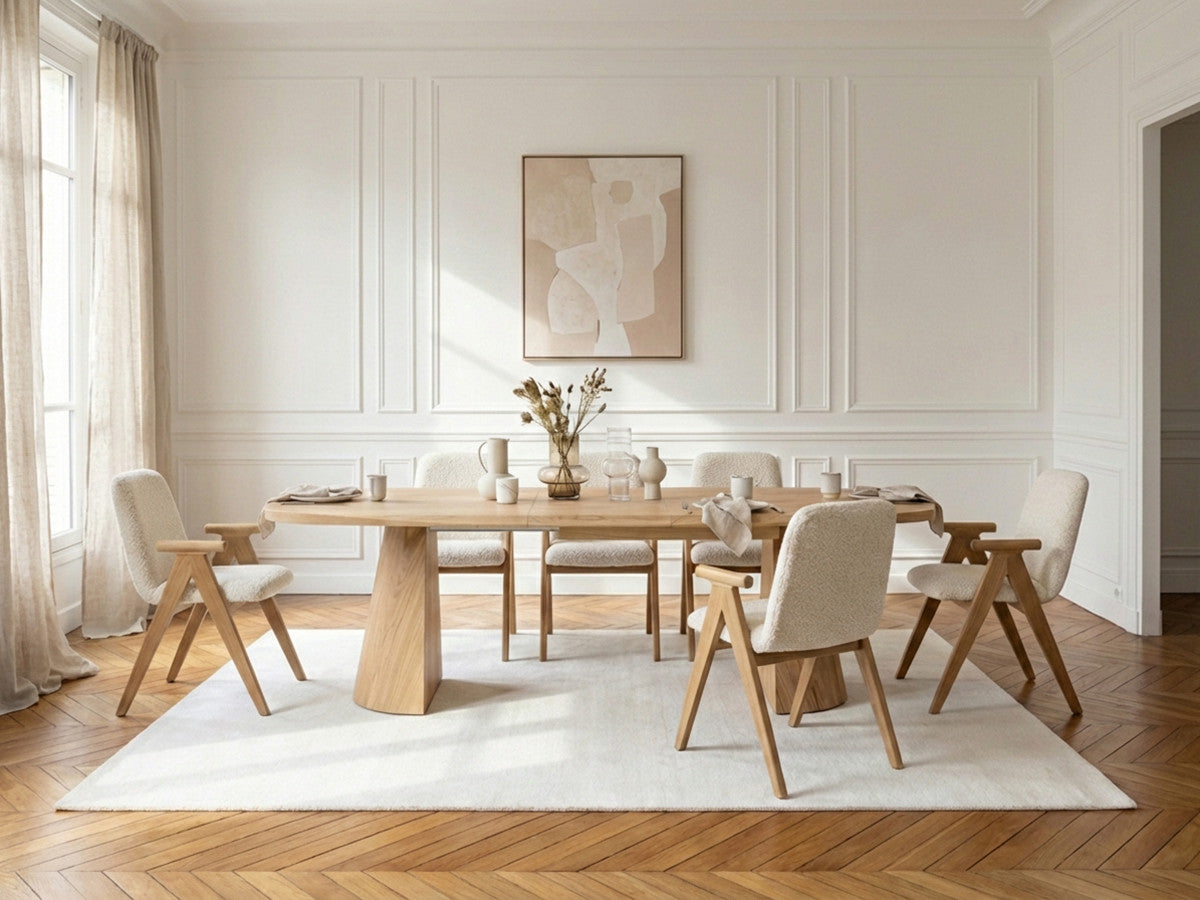 MAZARGUES set met uitschuifbare eettafel 200 tot 300 cm + 6 PAGNOL stoelen in massief eiken fineer