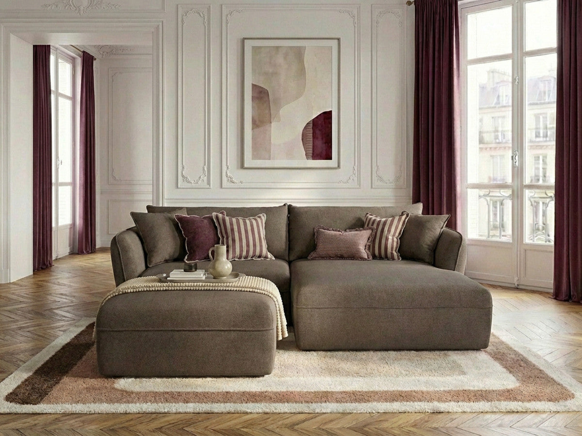 Canapé d'angle fixe LUIGI tissu texturé avec pouf