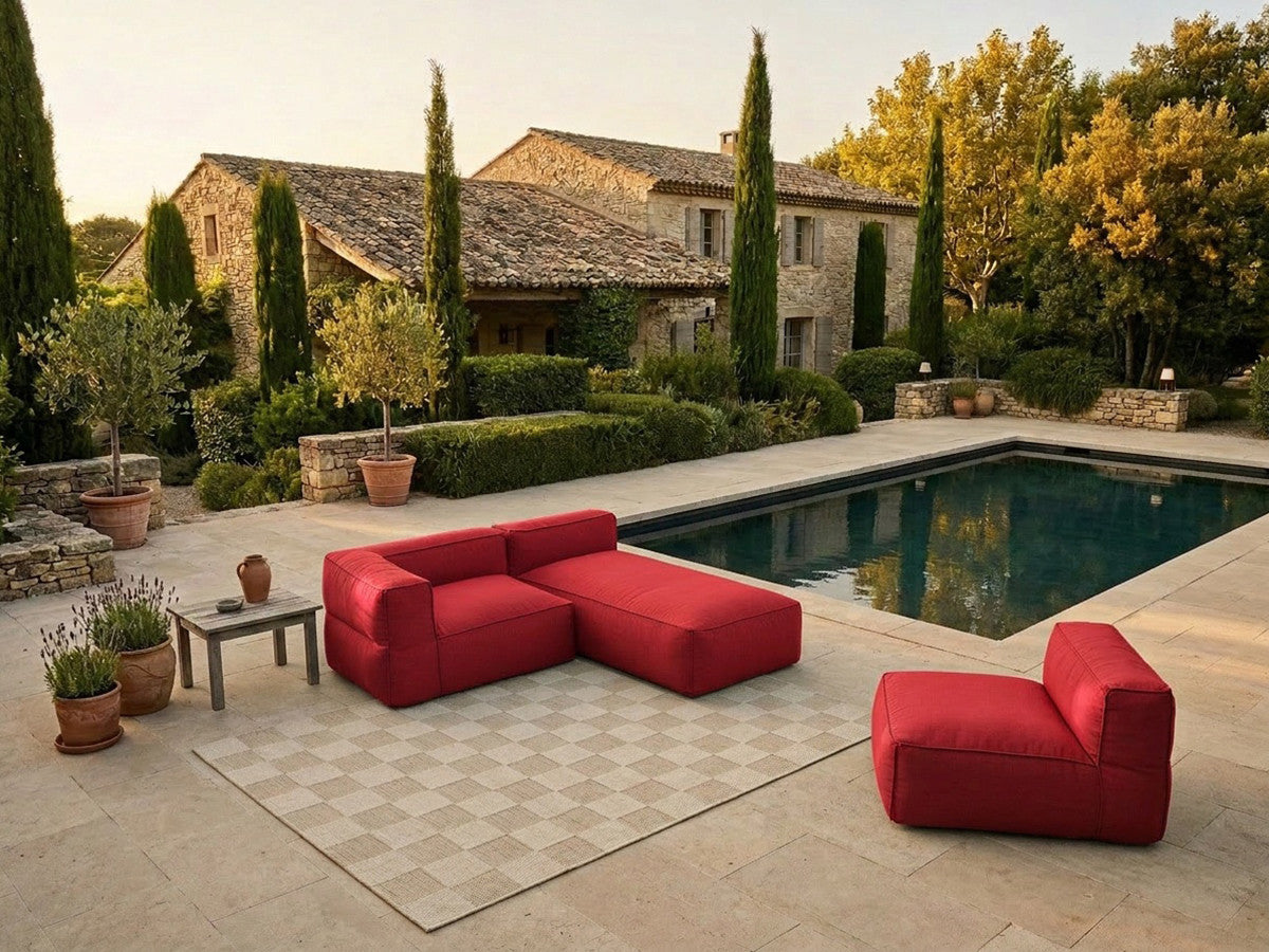 Canapé de jardin modulable GIULIA avec bâche de protection, 1 chauffeuse 1 place, 1 angle et 1 méridienne