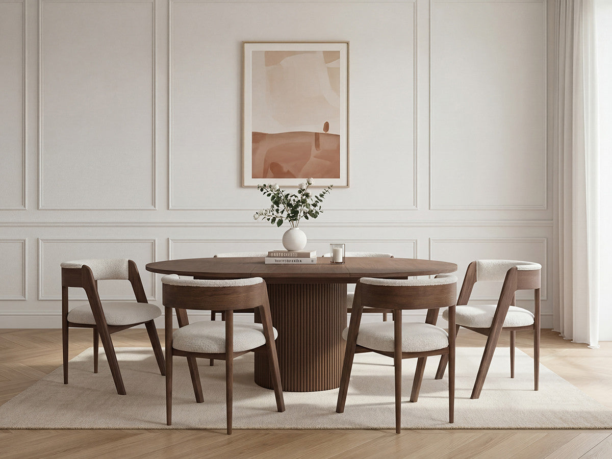 SORMIOU set met ronde uitschuifbare eettafel 130 tot 180 cm + BASTIDE stoelset in massief eiken fineer