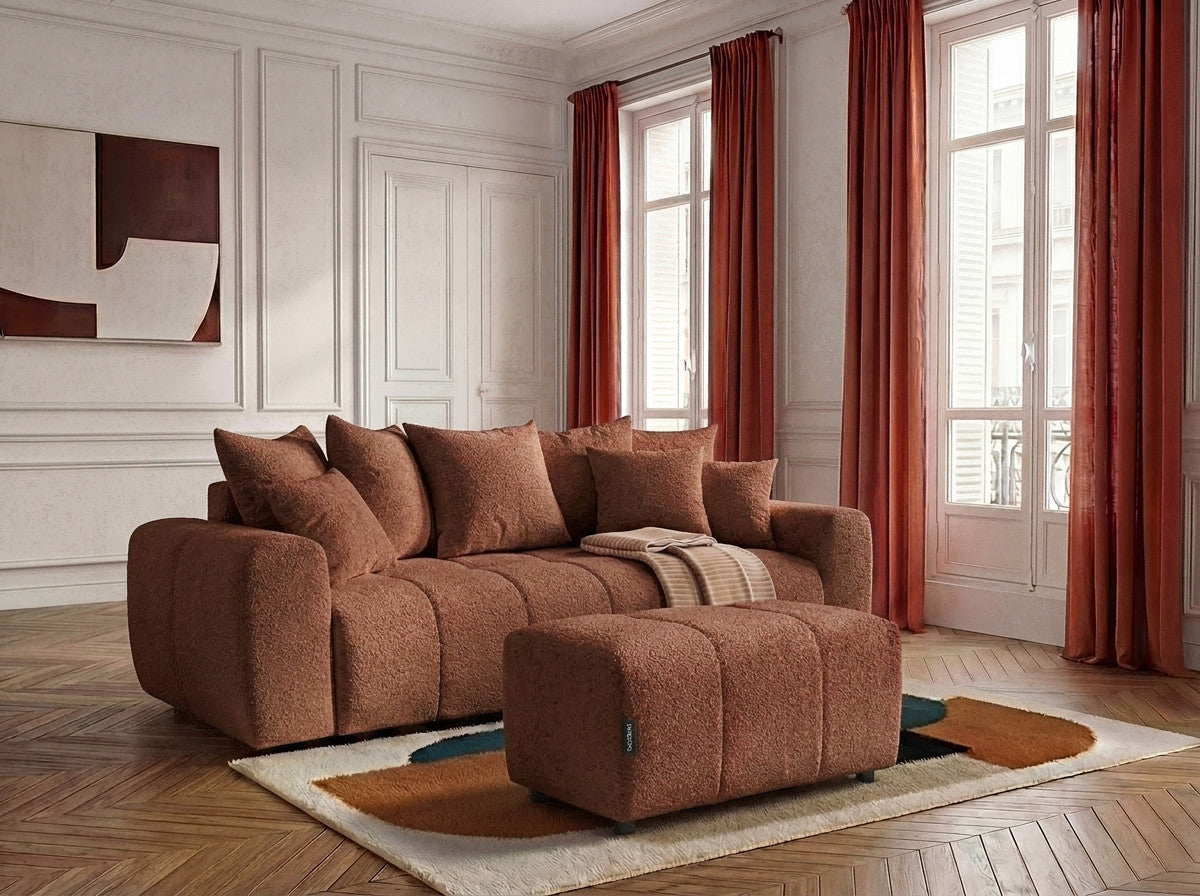 Canapé droit 3 places convertible ROXELANE tissu bouclette avec pouf