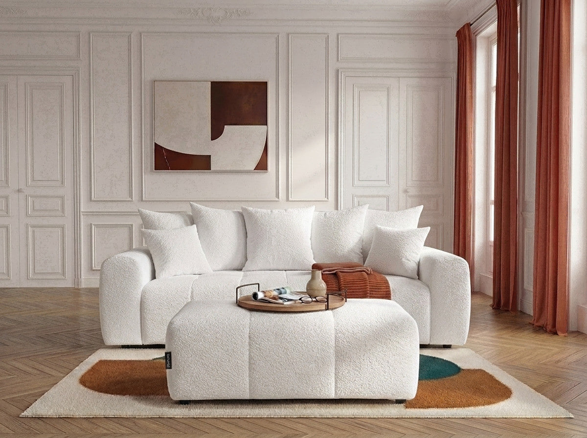 Canapé droit 3 places convertible ROXELANE tissu bouclette avec pouf