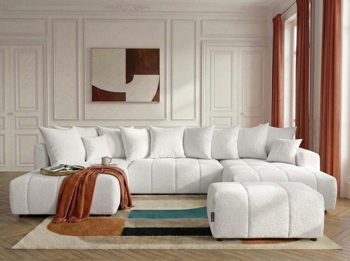 Canapé panoramique convertible ROXELANE tissu bouclette avec pouf