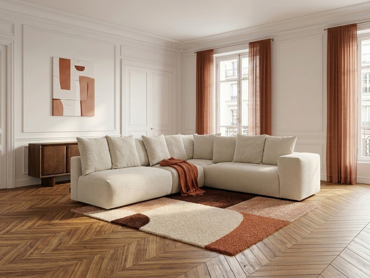 VOLTAIRE modulaire vaste hoekbank met 2 tweezitsfauteuils, 1 hoekfauteuil en 1 enkele fauteuil in gem?leerde stof