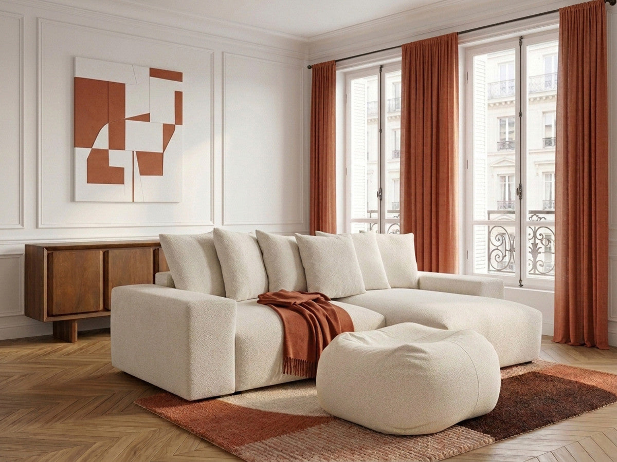 Canapé d'angle fixe réversible VOLTAIRE tissu chiné avec pouf