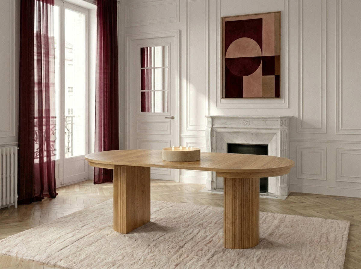 Table à manger ronde extensible 120 à 204 cm PRADO placage chêne massif avec rangements