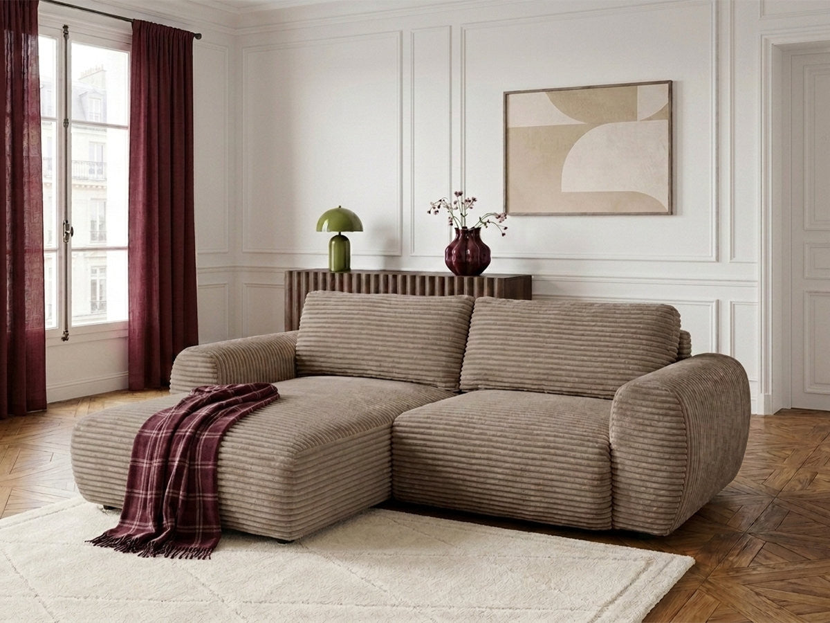 Canapé d'angle compact convertible coffre LUCIEN gros côtelé doux
