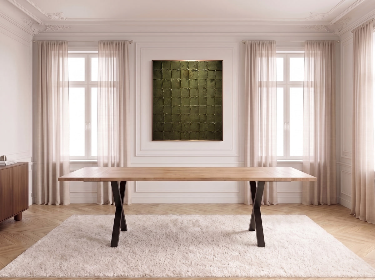 Uitschuifbare eettafel WENDY van massief eikenhout met metalen kruispoten