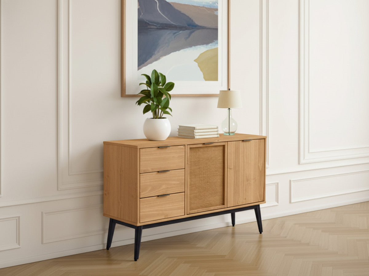 Buffet 130 cm ALBI bois massif et rotin